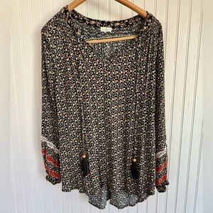Mason & Belle Boho Floral Peasant Top with Tassel Ties Size Large